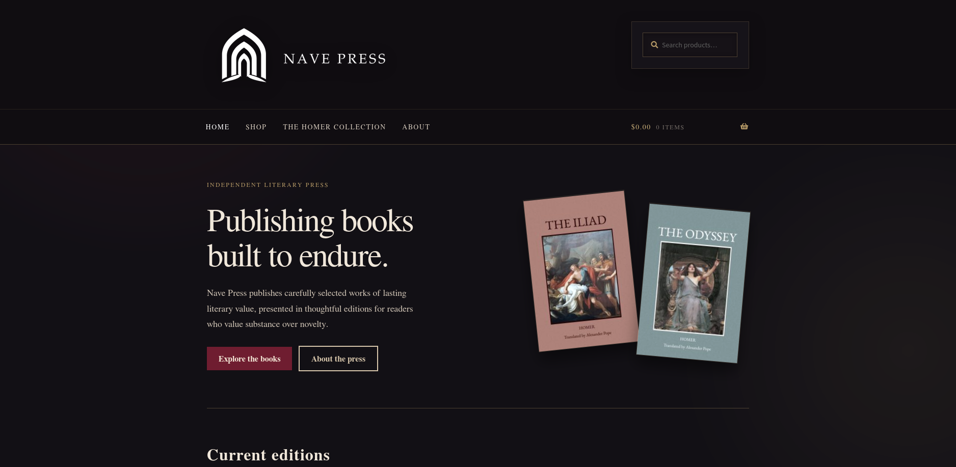 Nave Press publishing website homepage featuring The Iliad and The Odyssey